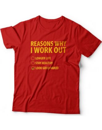 Прикольная футболка с надписью "Reasons why i workout" ("Причины по которым я качаюсь")